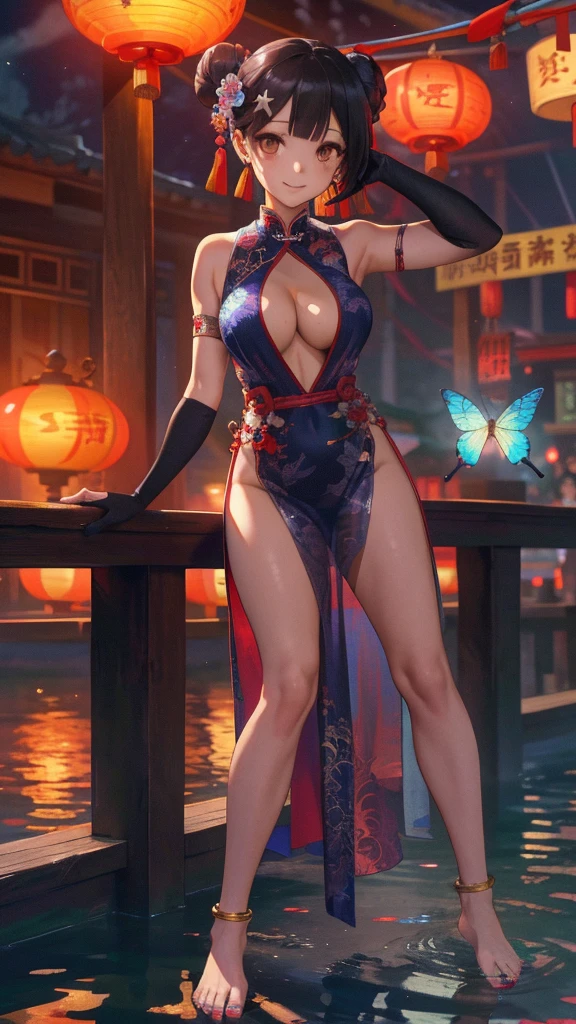 masterpiece,best quality,official art,extremely detailed CG unity 8k wallpaper, (wide shot),1girl, (Miyu Edelfelt),,black hair,brown eyes,seductive smile,(cleavage cutout), barefoot, see-through dress, butterfly, butterfly hair ornament, backless dress,  sheer see-through provocative chinese clothes,sleeveless, double bun,golden dragon print,bare foot,spread legs,elbow gloves,hair bun, hair ornament,jewelry,earrings,bead anklet,slim legs,nail polish, large natural breasts, solo, toenail polish, toenails, toes, twintails,outdoor,Chinese style architecture, Chinese style, lake, ancient town, beautiful and meticulous water,the red lantern,fireworks, flashing pussy to viewer,  cowboy shot 