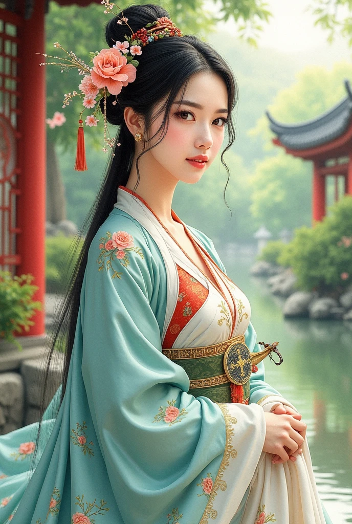 Masterpiece of a beautiful Dilraba Dilmurat in tradition countryside costume sitting or standing in an ancient Chinese garden, a beautiful lighting, a juicy Chinese watercolor painting on Chinese watercolor paper , mixed with Zen style, a delicate painting, Chinese composition Styleม Chinese painting style in the Dun huang Grottoes, imperial colors, have a beautiful flower and little insect , good figure, good anatomy