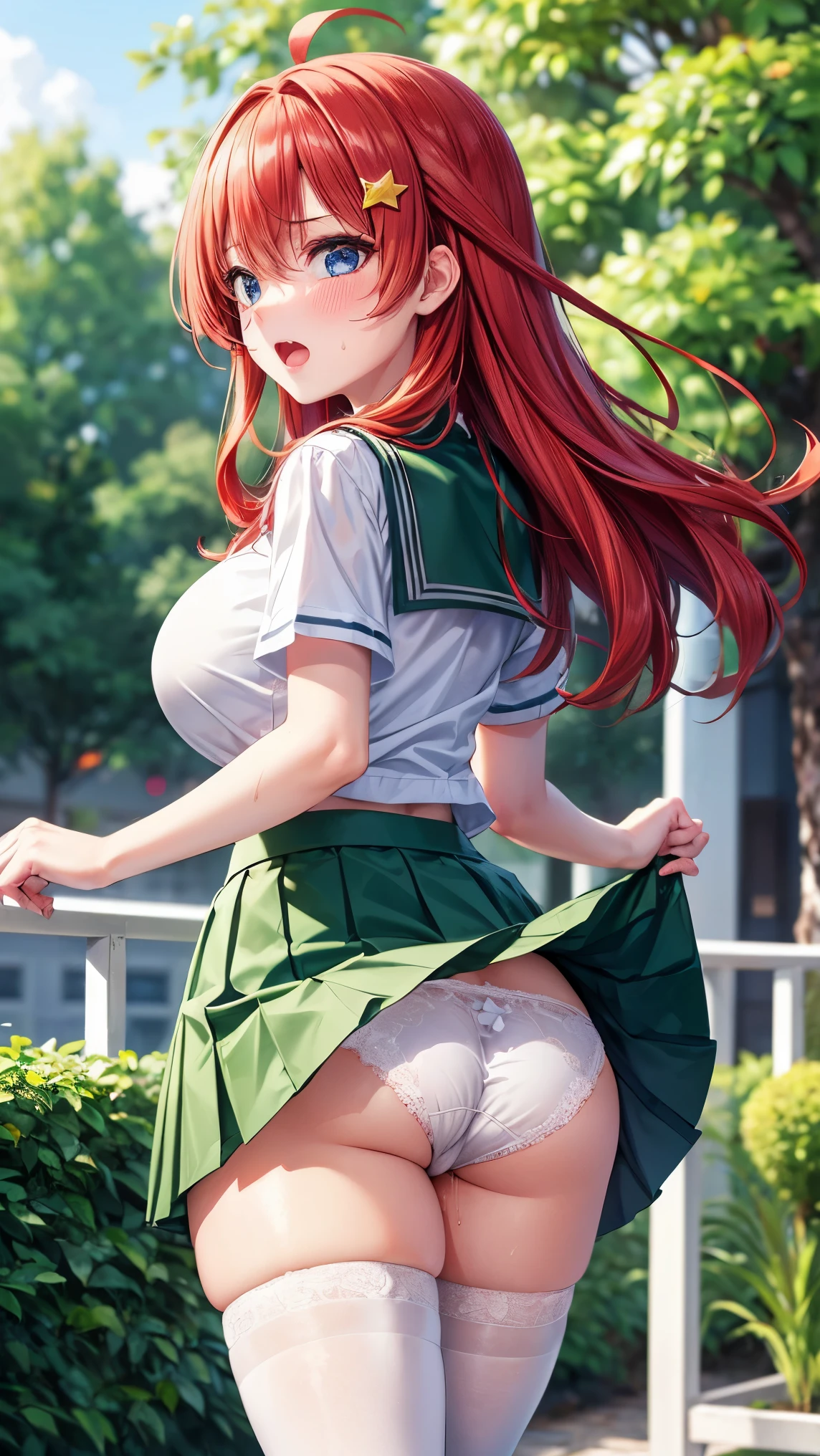 best quality,1girl,((big breasts:1.1)),orgasm,blush,angry,sweat,steam,itsuki nakano, bangs, blue eyes, hair between eyes, ahoge, red hair, star \(symbol\), hair ornament, star hair ornament,((school uniform, white shirt, green skirt, mini skirt, lift skirt, upskirt, white thighhighs,white panties,lace panties:1.1)),garden,walking,pussy juice,from behind
