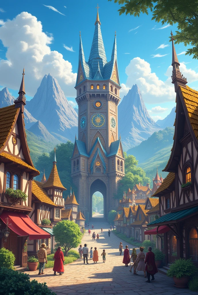 A scene of a fantasy town with a magic tower in the middle