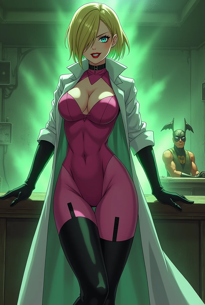 Anime style, Sultry and Beautiful young woman with a soul of pure evil and hatred. Short blonde hair that covers her left eye and blue eyed supervillain dressed in a sleek skintight pink bodysuit, long black gloves and black calf high boots. A long white lab coat over her bodysuit competes the look. She is posing and emanating green energy. She has a smile crossing her thin red lips. The setting is a dirty laboratory with a captured costumed hero securedto a table.