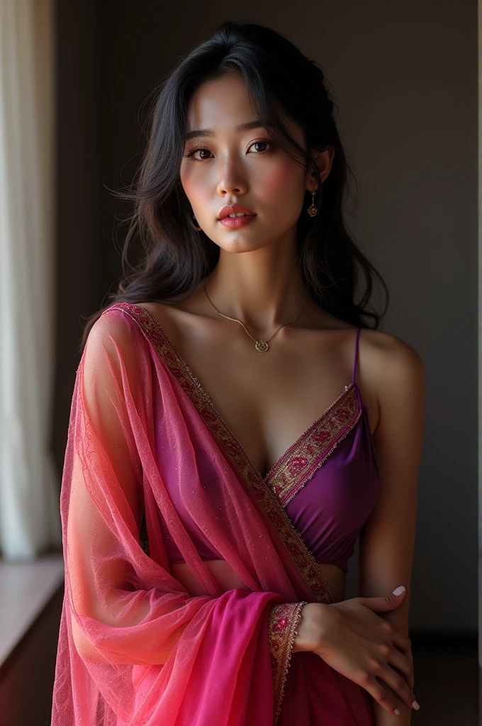 Generate a high-quality image of a 27-year-old Korean woman named Sophia Jung-Eun, with the following physical characteristics - Skin tone: Wheatish - Eye color: Brown - Hair color: Dark purple - Body Type: Average, sexy, half nude, poised, saree