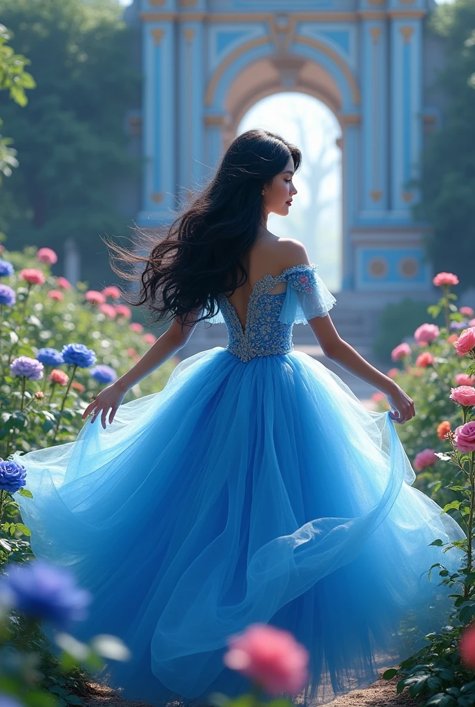 1girl, long wavy black hair, fluffy blue gown, blue royal palace, blue rose garden, flower bloom, dancing pose