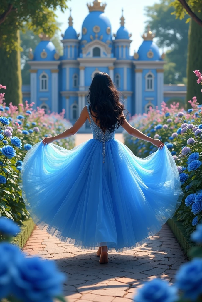 1girl, long wavy black hair, fluffy blue gown, blue royal palace, blue rose garden, flower bloom, dancing pose