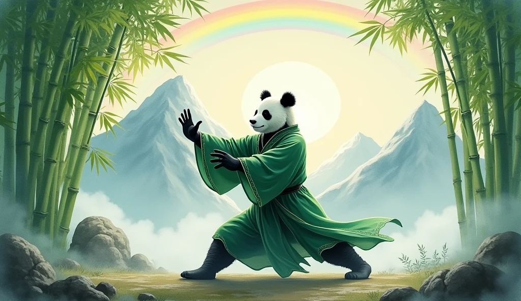 A panda wearing a green Taoist robe, playing tai chi, in a bamboo forest, with snowy mountains in the distance, white clouds in the mountains, a rainbow hanging in the sky, full body, watercolor painting style.