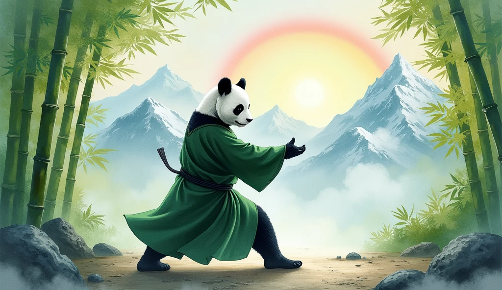 A panda wearing a green Taoist robe, playing tai chi, in a bamboo forest, with snowy mountains in the distance, white clouds in the mountains, a rainbow hanging in the sky, full body, watercolor painting style.