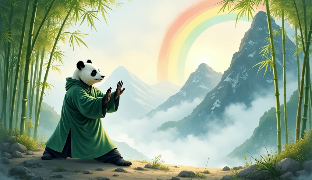 A panda wearing a green Taoist robe, playing tai chi, in a bamboo forest, with snowy mountains in the distance, white clouds in the mountains, a rainbow hanging in the sky, full body, watercolor painting style.