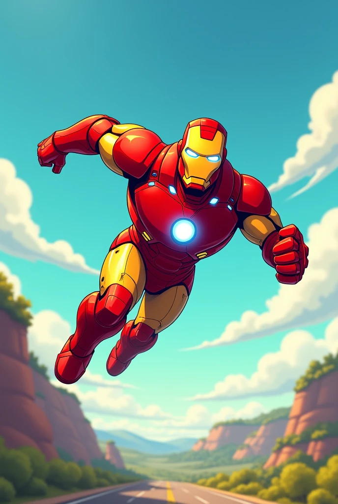 Create a dynamic, cartoon-style illustration of Iron Man flying through the sky. The image should capture Iron Man in his iconic red and gold suit, with glowing blue eyes and energy thrusters visible on his hands and feet as he soars above a landscape. The suit should be detailed, with exaggerated cartoonish features to emphasize his powerful presence. The sky is bright, with a few clouds, and the ground below is a blurred, scenic landscape to show the speed at which Iron Man is flying. The overall style should be vibrant and playful, reminiscent of classic superhero cartoons."