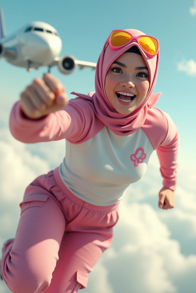 Malaysia women a realistic masterpiece. Human .wear pink watch.. 1girl wearing a hijab. detailed beautiful face, Hijab Muslim. Wear long sleeve moder design mixed sew pink white loose size. Small detail ,cargo suit. Pink cargo pant.. . anger face, minimalist flower on shirt. . anger face. Open mouth. Wear pink white. Wear small Safety Pink yellow glasses google spectacle top on head. . Age 20 year old. Flying position. Fast fly. Panning effect Photography . Flying have a super strong power.. punch. Flying beside aeroplane . Fight pose. Bokeh background. fist front.. At high sky, lot of cloud , detailed lips, long eyelashes. Hero, modest expression, delicate facial features, natural skin tones, , detailed folds and textures of hijab, natural lighting, high quality, photorealistic, 8k, best quality. Malaysia girl. . ). . . Braces teeth. Boleh background. Panning effect. Fast flying.