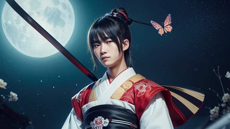 A detailed and visually striking illustration of a young, confident samurai with a modern twist. The samurai has messy black hair and a charming smile, exuding a sense of charisma. He is dressed in a stylish, traditional Japanese outfit with intricate designs, featuring a black and dark blue kimono with red and white accents. The character stands with arms crossed, holding a sheathed katana at his side. The background is a mystical night sky filled with sparkling stars and glowing butterflies, creating a magical and ethereal atmosphere. The overall scene blends traditional samurai aesthetics with fantasy elements, making the character appear both heroic and enigmatic.