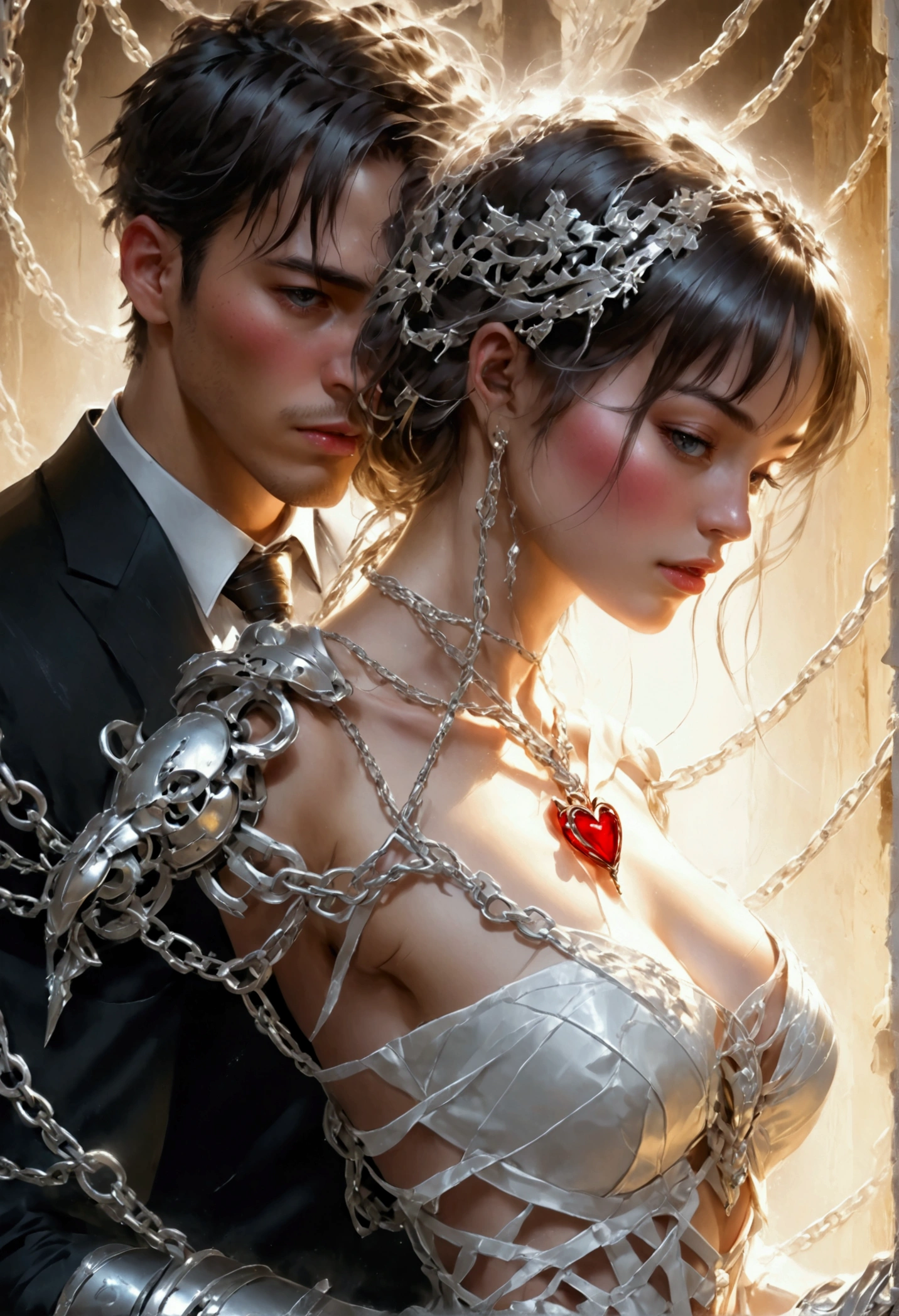 oil painting anime comic art, Julie Bell art of a groom held by ((radiant chains: 1.2)), in his wedding day and his bride, a handsome groom, wearing suit and tie, BREAK AND a beautiful, sexy bride, busty bride, wearing white leather wedding dress, the chain holds the groom, with chains, the chain forms the shape of red glowing heart, cinematic light, High Detail, Ultra High Quality, High Resolution, 16K Resolution, Ultra HD Pictures, Ultra Realistic, Clear Details, Realistic Detail, Ultra High Definition, rpg portrait, art by mooncryptowow