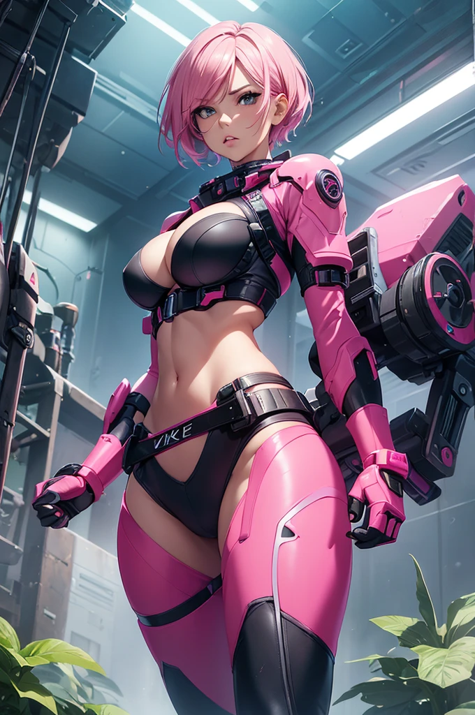 1 female, front view, pink hair, full body, feisty look realistic lips, neon blue techno spandex, small waist, wide hips, , exposed cleavage, fighting pose, pink tactical belt, standing in front of a mecha, hourglass figure, annoyed, in a jungle, short hair, best quality