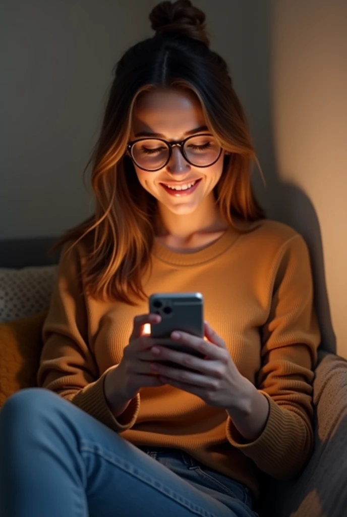 After seeing the gift, the girl picks up her phone and writes a thank you message to her boyfriend on Instagram. The girl was wearing a brown top, jeans and glasses and she looked very happy.