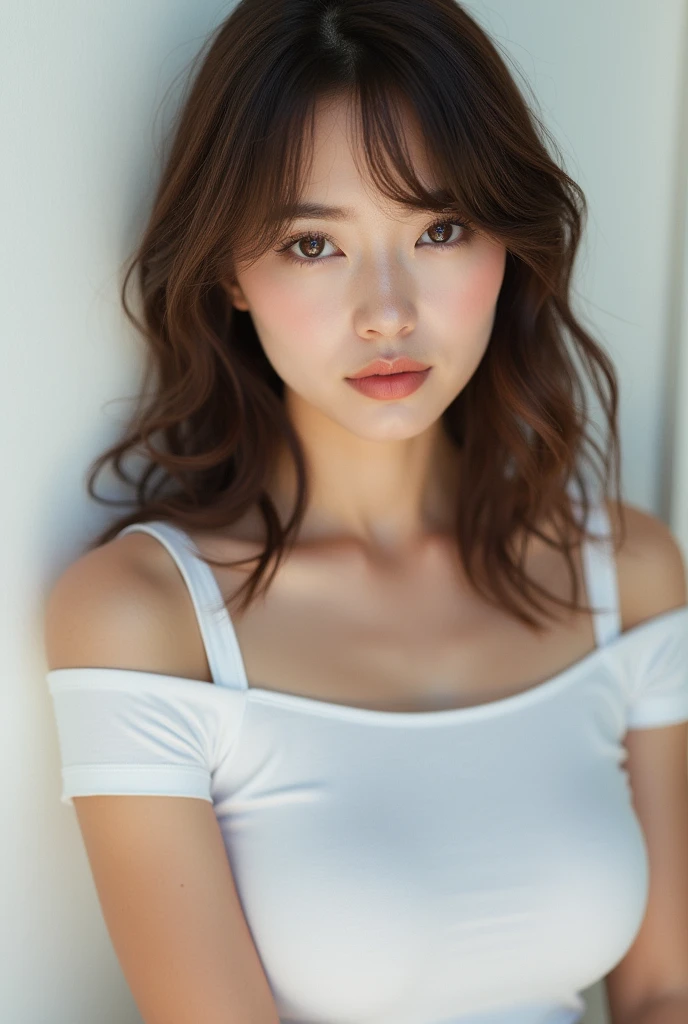 Top Quality, Photorealistic, 8K, High Definition, 1 Girl, Woman, (Skindentation), (Portrait: 0.6), Gorgeous, (White background: 1.82)), ((Big Size Round Breasts, Sleeveless White T-Shirt: 1.75)), Look Straight Viewer: 1.8, (1 Girl Eyes, Medium Length Hair, Brown Hair, Parted Bangs : 1.65), Photorealistic, (Bokeh), (Mouth Closed: 1.46), Gorgeous, pureerosface_v1,