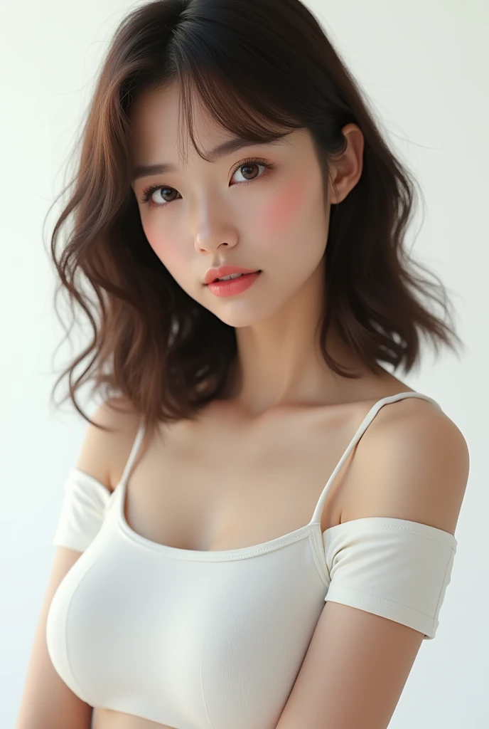 Top Quality, Photorealistic, 8K, High Definition, 1 Girl, Woman, (Skindentation), (Portrait: 0.6), Gorgeous, (White background: 1.82)), ((Big Size Round Breasts, Sleeveless White T-Shirt: 1.75)), Look Straight Viewer: 1.8, (1 Girl Eyes, Medium Length Hair, Brown Hair, Parted Bangs : 1.65), Photorealistic, (Bokeh), (Mouth Closed: 1.46), Gorgeous, pureerosface_v1,