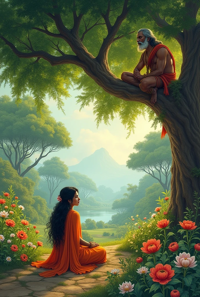 Sita in Ashok Vatika**: Sita sitting sadly in a beautiful garden, surrounded by lush green trees and flowers, while Hanuman (in kings costume) watches her from tree.