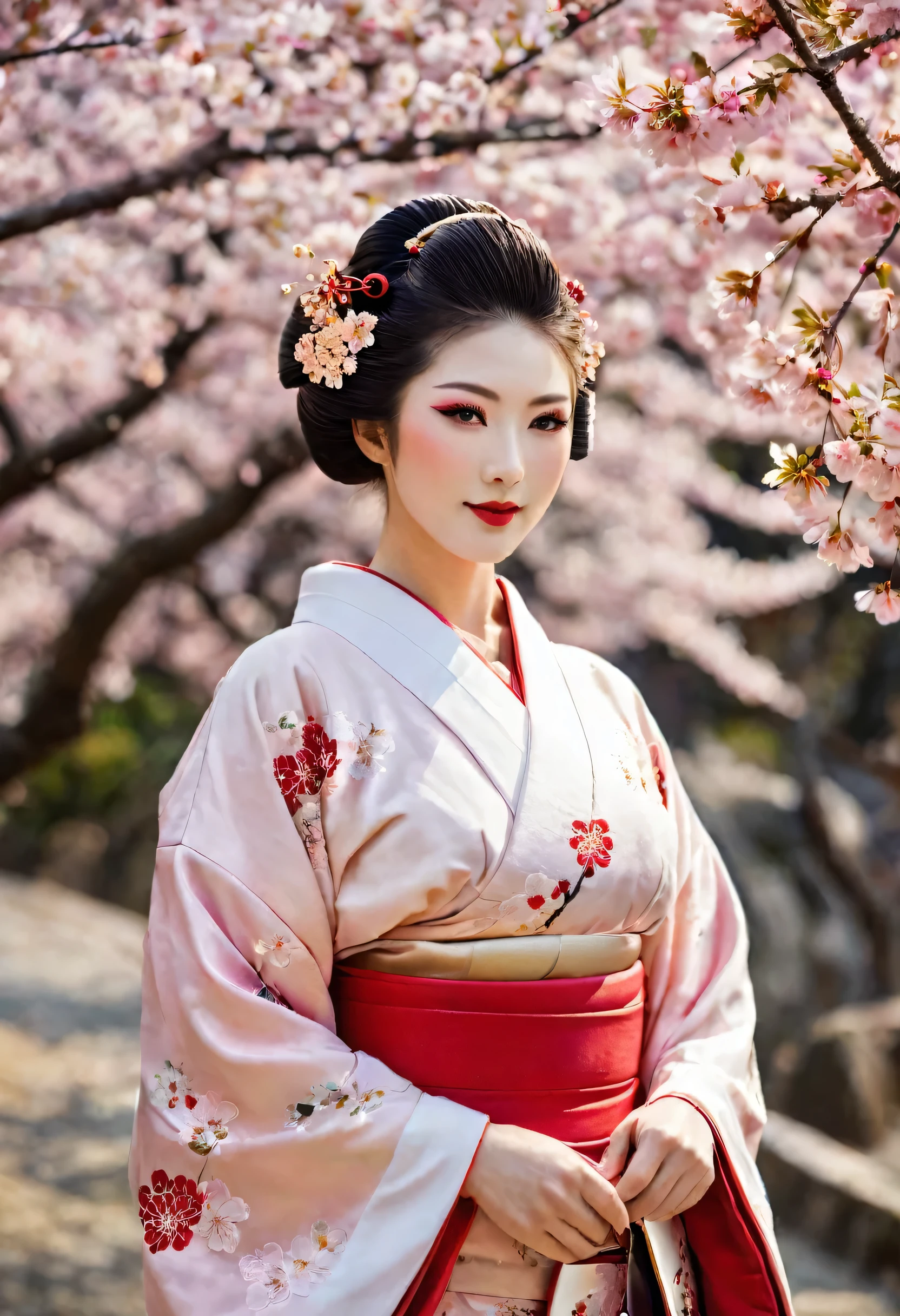 (A geisha stands gracefully under a cherry blossom, Look back and smile: 1.37), Pink cherry blossom petals next々And they scatter, (whole body) The face base makeup has no highlight or shadow decoration. Foundation covers the entire face and neck. Red lip makeup、The area of the mouth that is smaller than normal lips. Strengthen your eyes, Makes pupils appear darker and deeper. Straight eyebrows are not only eye-catching、Informal, Cleanse the entire face. Typical Japanese Geisha makeup, Wearing a gorgeous kimono embroidered with red and gold cherry blossoms, This is a long-sleeved kimono, Wearing clogs, Realistic depiction of light and shadow, Realistic and exaggerated photos, super high quality, Super Details, Cinematic shots, Shallow depth of field