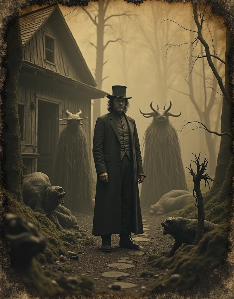 Vintage photo of hermit living with monsters, sepia-toned daguerreotype, Lovecraftian creatures, misty forest backdrop, dilapidated cabin, tentacled shadows, antiquated camera artifacts, eerie Victorian-era attire, cryptozoological oddities