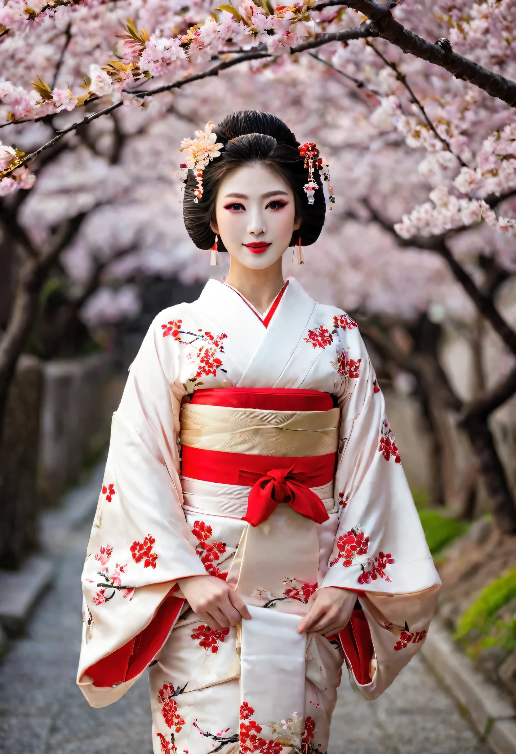 (A geisha stands gracefully under a cherry blossom, Look back and smile: 1.37), Pink cherry blossom petals next々And they scatter, (whole body) The face base makeup has no highlight or shadow decoration. Foundation covers the entire face and neck. Red lip makeup、The area of the mouth that is smaller than normal lips. Strengthen your eyes, Makes pupils appear darker and deeper. Straight eyebrows are not only eye-catching、Informal, Cleanse the entire face. Typical Japanese Geisha makeup, Wearing a gorgeous kimono embroidered with red and gold cherry blossoms, This is a long-sleeved kimono, Wearing clogs, Realistic depiction of light and shadow, Realistic and exaggerated photos, super high quality, Super Details, Cinematic shots, Shallow depth of field