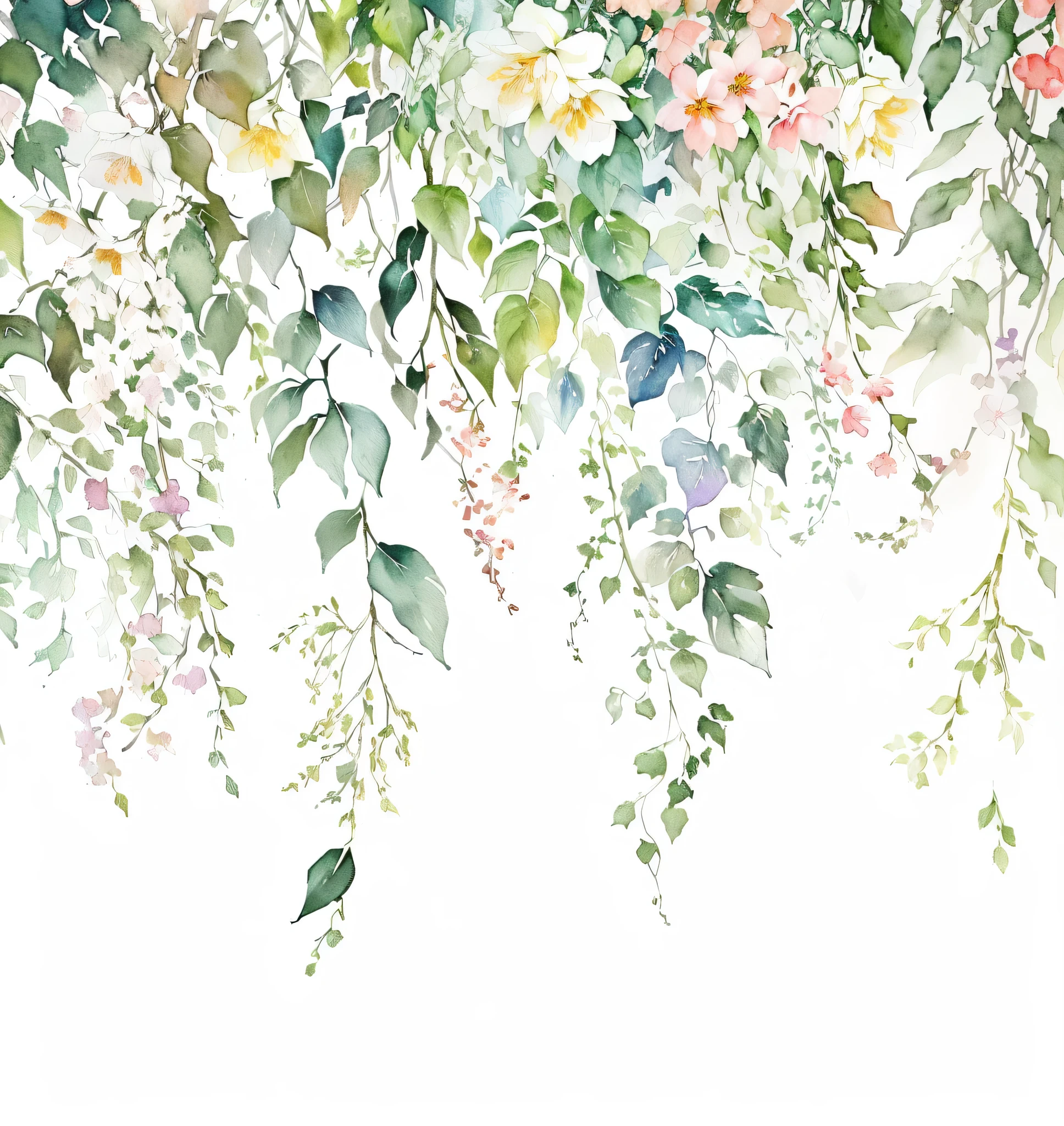 There is a painting on the wall，Painting a bouquet of flowers, Lush Garden Hanging, Plant Background, Bohemian floral vine, Watercolor illustration, Plant Rainbow Background, branches and foliage, Hanging vine, vine、Plants and flowers, Eucalyptus forest background, lush garden foliage and blossoms, floral painted backdrop, flowers and foliage, Colorful Watercolor Painting, Watercolor style, Leaves and vine