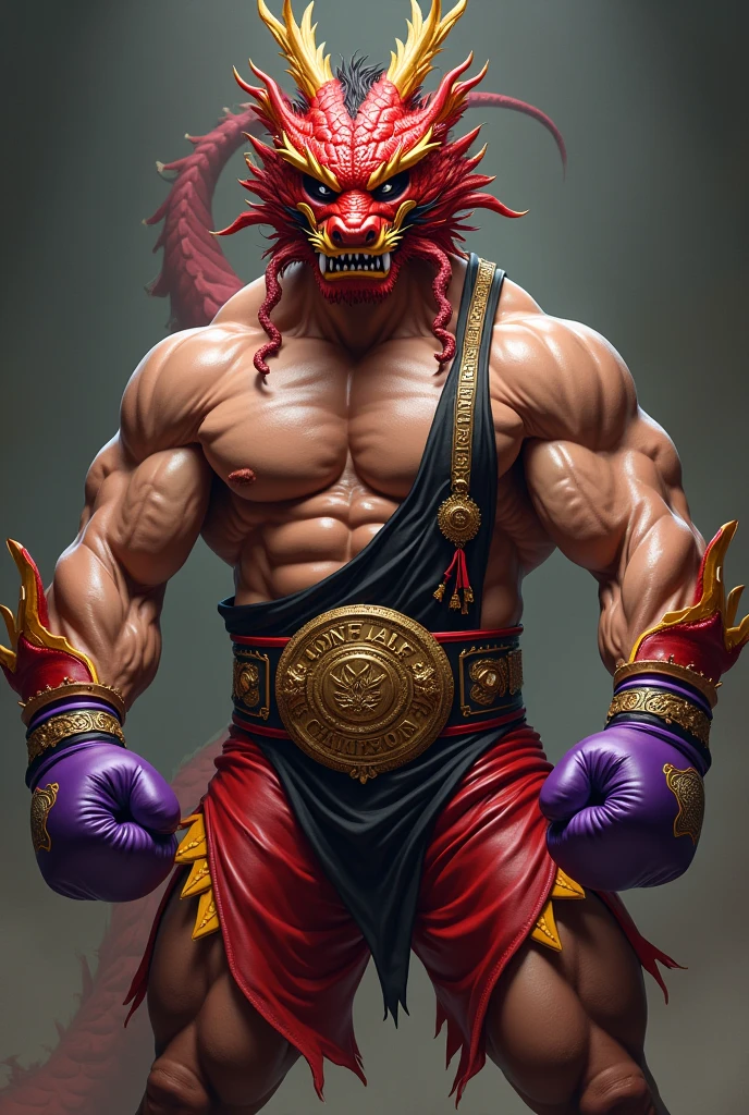 Personnage inspiré d'un catcheur avec des gant boxe violet teintures de rouge est de jaune une ceinture de champion des yeux noir est blanc un masque rouge avec des dent qui ressemble a un. Dragon chinois qui couvre sa tête une moustache fine un corps musclé est fine un vêtement de catcheur qui est rouge est noir teinté de marrons avec le des symbole des jambes musclé est un côté de combattant dangereux