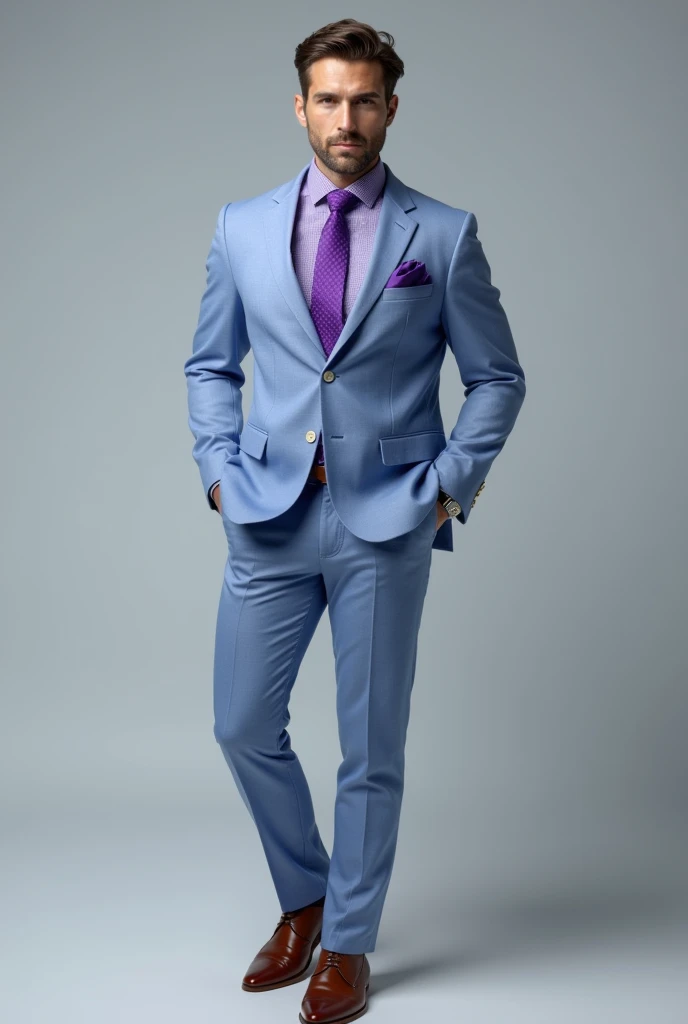 light blue coat suit, violet shirt & tie and shoe men