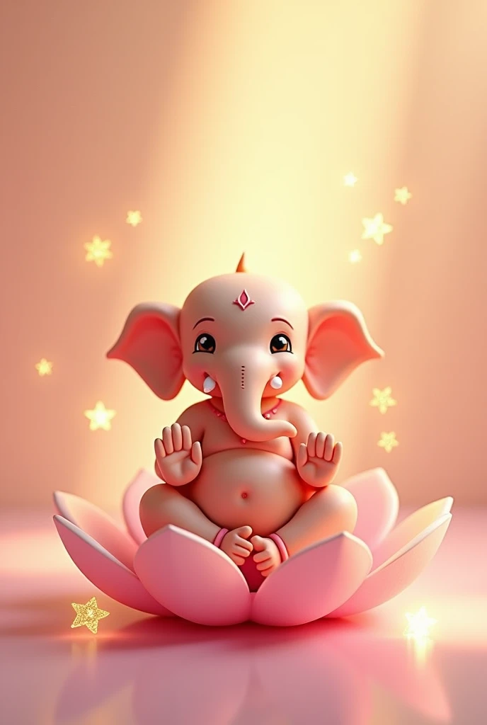 Prompt : Ganesha sitting on a golden day style wallpaper with pastel colors of pink, sitting on a pink lotus flower, full body, two hand and five fingers, cute, shiny, crystal stars, digital art, simple design, very high resolution, cinematic lighting, perfect composition, harmonious composition, octane render, Chibi-Style.