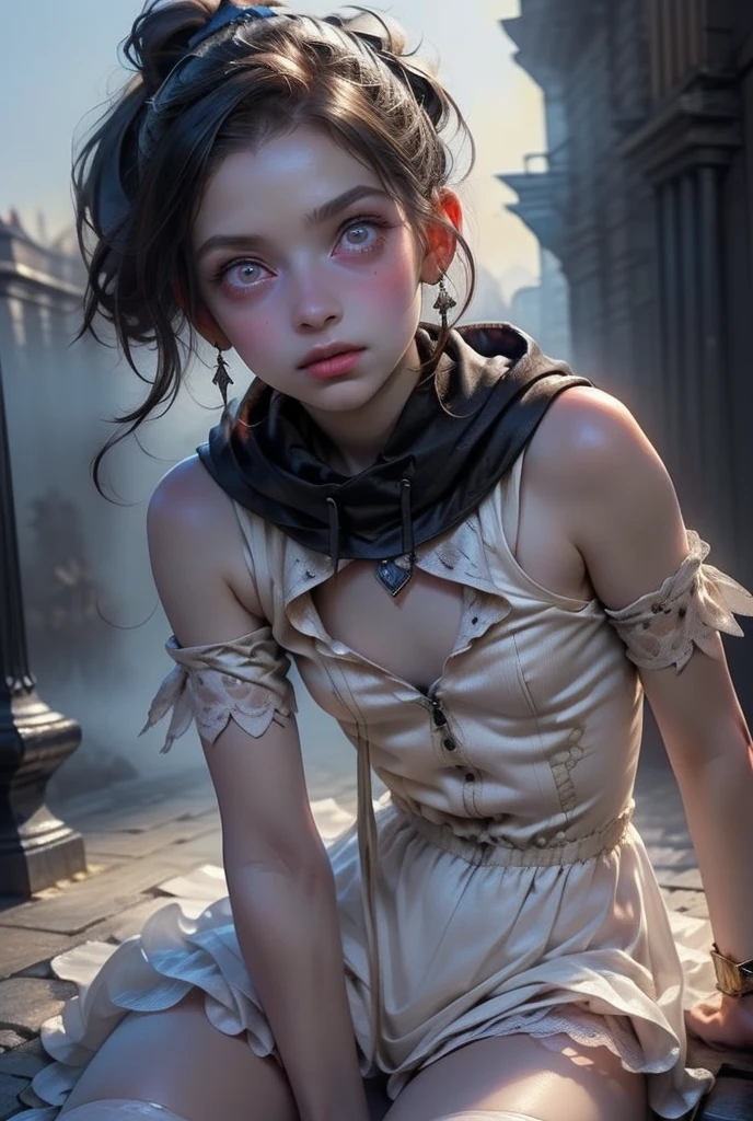 ((best quality)), ((masterpiece)), (detailed), perfect face (((masterpiece, of the highest quality, super detailed))), hand drawn style, hand painted style, watercolour, sketch, a knight, white background, plain background, Bloodborne inspired, tatty Bloodborne attire, occult aesthetic, occult, tatty red and white clothing detailed and intricate steampunk and detailed gothic ta (with a hood), long coat, Complex laced boots, Fluttering lace flared long knee length dress with frilly petticoats, long dress, knee length dress, pleated petticoats, loliress, petticoats gothic lolita aetic, beautiful small breasts, (((flat chest:1.1))), (((( Highly detailed face))), small thin nose, Small thin lips mouth, (((Very sharp focused eyes))), Very large slit precision pale grey eyes that shine like jewels. (lowered gaze, looking slightly downwards), (resolved expression), (resolute expression), ((dark hair)), ((long ponytail, thick ponytail, heavy ponytail)), very long eyelashes, white background, Very dramatic and cinematic lighting, tatty damaged old red and white clothing, full body, whole body, body, ((NSFW))