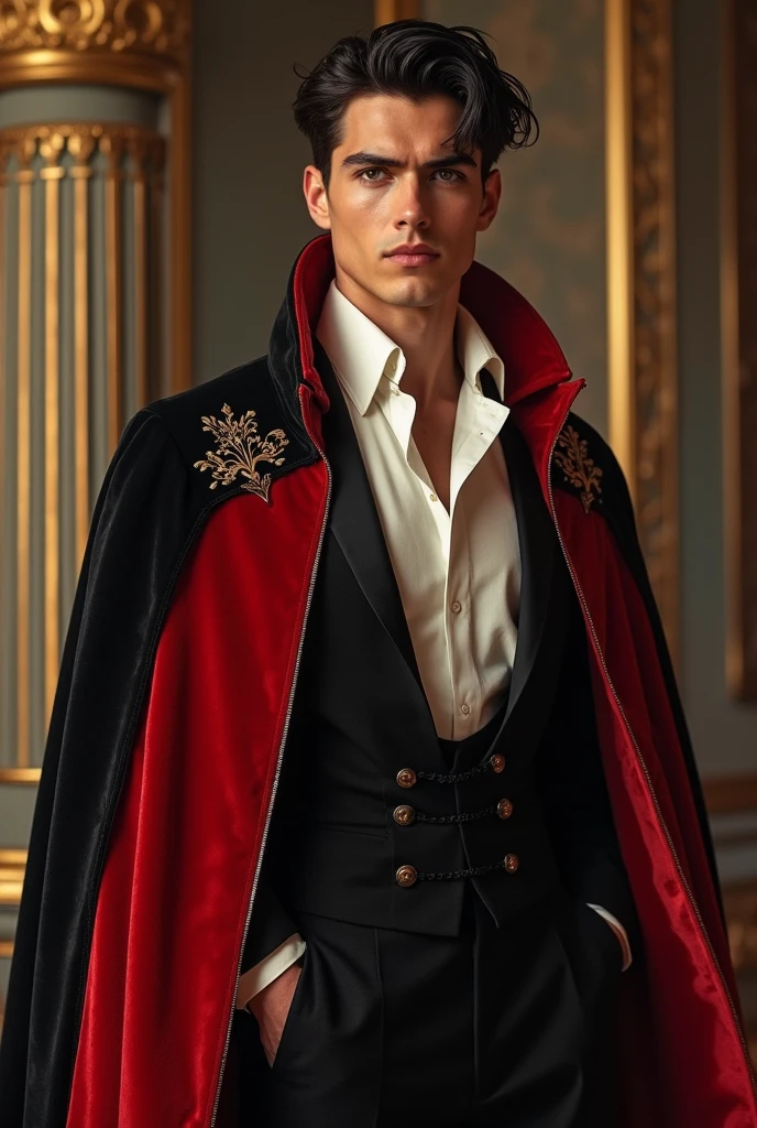 Handsome 20 years old man , wearing a long red and black coat and wearing a royal suits and a white long sleeve underneath 