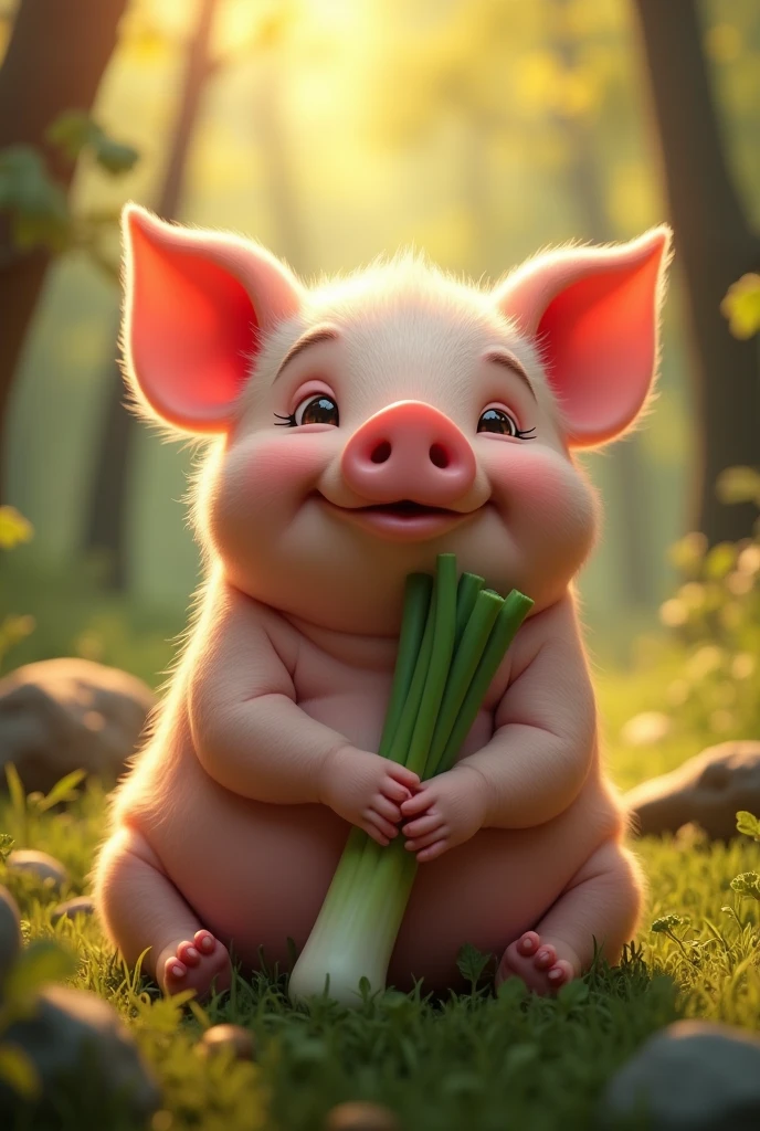 Close range pig、The background is the forest、Holding a leek、High resolution, accurate, Ultra high definition, Textured skin, I'm completely fat、God bathed in sunlight々Shii、Realistic images、cute、It's heartwarming to see
