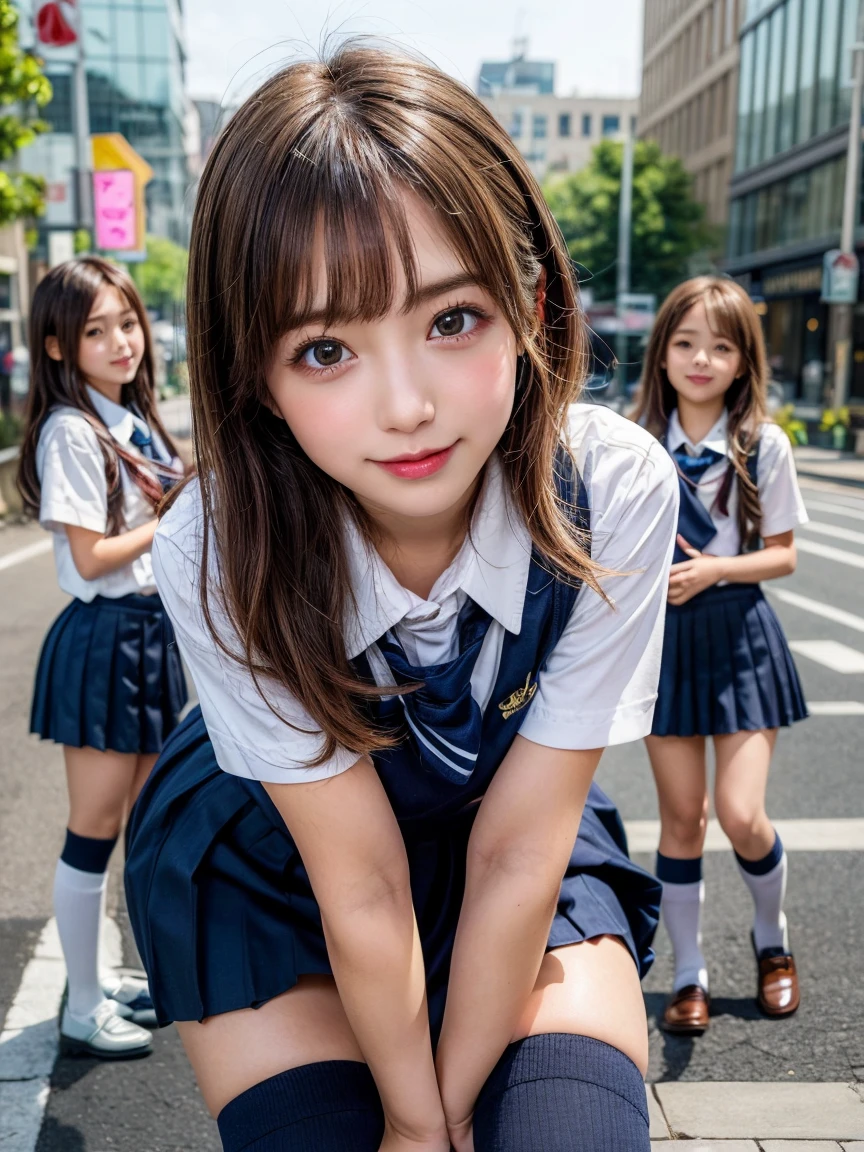 Browsing Caution, ((masterpiece)), ((Highest quality)), (Very detailedな), ((cute)), cute, (Multi-point), ((sexy)), (device), ((Very detailed)), 4K, (8k), Highest quality, (beautiful), hyper cute face, shape, Anime Style,hyper Genuineistic, Genuine, ((Navy high socks and brown loafers))、 ((From face to feet)), close, Thick outline, Clear contours, (One Girl, 3 cute girls:1.5), (Schoolgirl Uniform :1.5), City Sidewalk、Rear view of a person waiting at a traffic light、beautiful light brown hair, beautiful brown eyes, ((beautiful eyes)),, (Under the skirt:1.5), short hair, Big Breasts,  smile