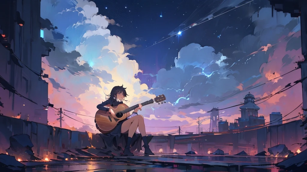 masterpiece,night,(dark alley),star、Night evening Sky、milky way、octone、
(1. Female), (solo), Knee hugging sitting,acousticguitar