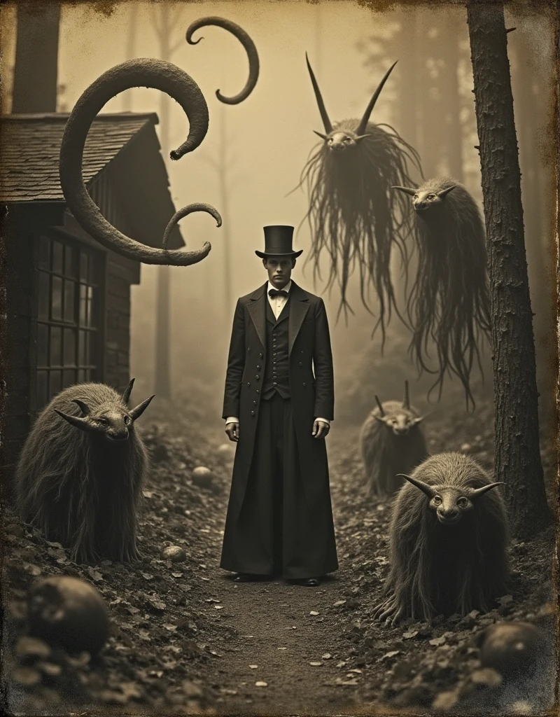 Vintage photo of hermit living with monsters, sepia-toned daguerreotype, Lovecraftian creatures, misty forest backdrop, dilapidated cabin, tentacled shadows, antiquated camera artifacts, eerie Victorian-era attire, cryptozoological oddities