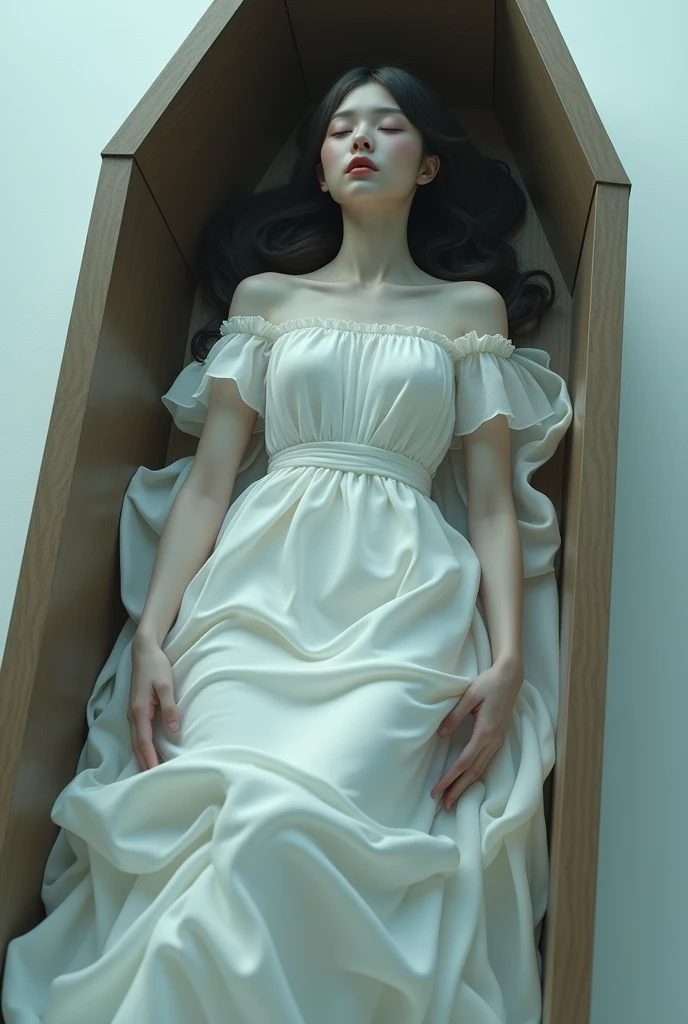 A girl laying in a white plane dress in a coffin with the dress having off shoulder design