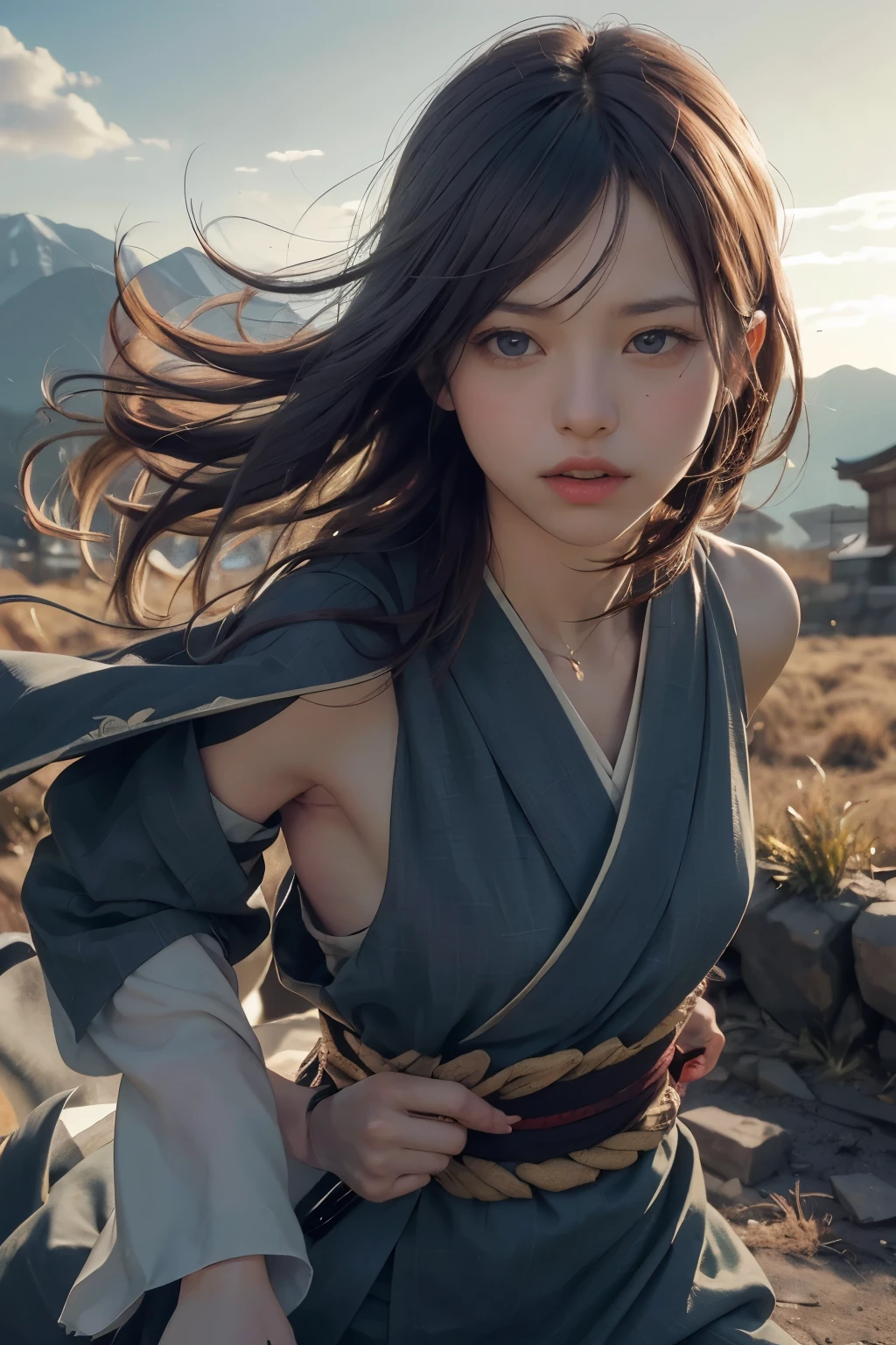 (Positive Focus)、(in the darkness nigth:1)、(beste-Qualit)、(Realisticity:1)、realistic skin textures、Extremely detailled、32k wall paper、volume illumination、Dynamic lighting、hand guard、veils、Ancient Japanese Wind、Escape Action、run、scape、Chased、Semi-crouched attack stance、Clothes torn、ancient Japanese battlefield、Group of ancient soldiers chasing and killing、Flying arrows、bio、nights、dramatic compositions、sayaairie、((Flat Chest)),((A beautiful girl)),(Are thin),(professional lighting),(No underwear),((Beautiful Eyes)),(A plain ancient Japanese kimono in navy blue),(The beautiful balance of the left and right pupils),The Mountains and Fields of the Battlefield,A Beautiful Warrior Skilled with the Sword,Sleeveless,Upper body with a battle sash,assassin,Secret,Senjougahara,Battle of Sekigahara,