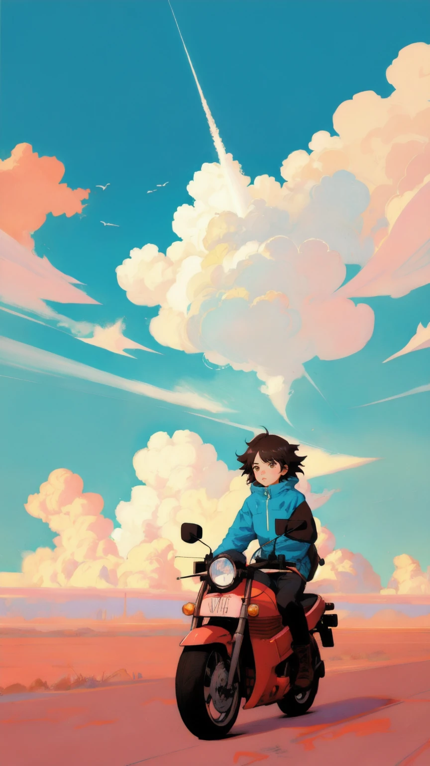 Cartoon of a cute, beautiful girl riding a plane in the sky, inspired by Rinaldo Cuneo, Josan Gonzalez, Posuka Demizu, Akira art style, and FLCL cover. The background must be brown, maintaining the epic full-color illustration style, inspired by Otomo Katsuhiro, JC Leyendecker, and Sachin Teng, with an Akira-style illustration approach