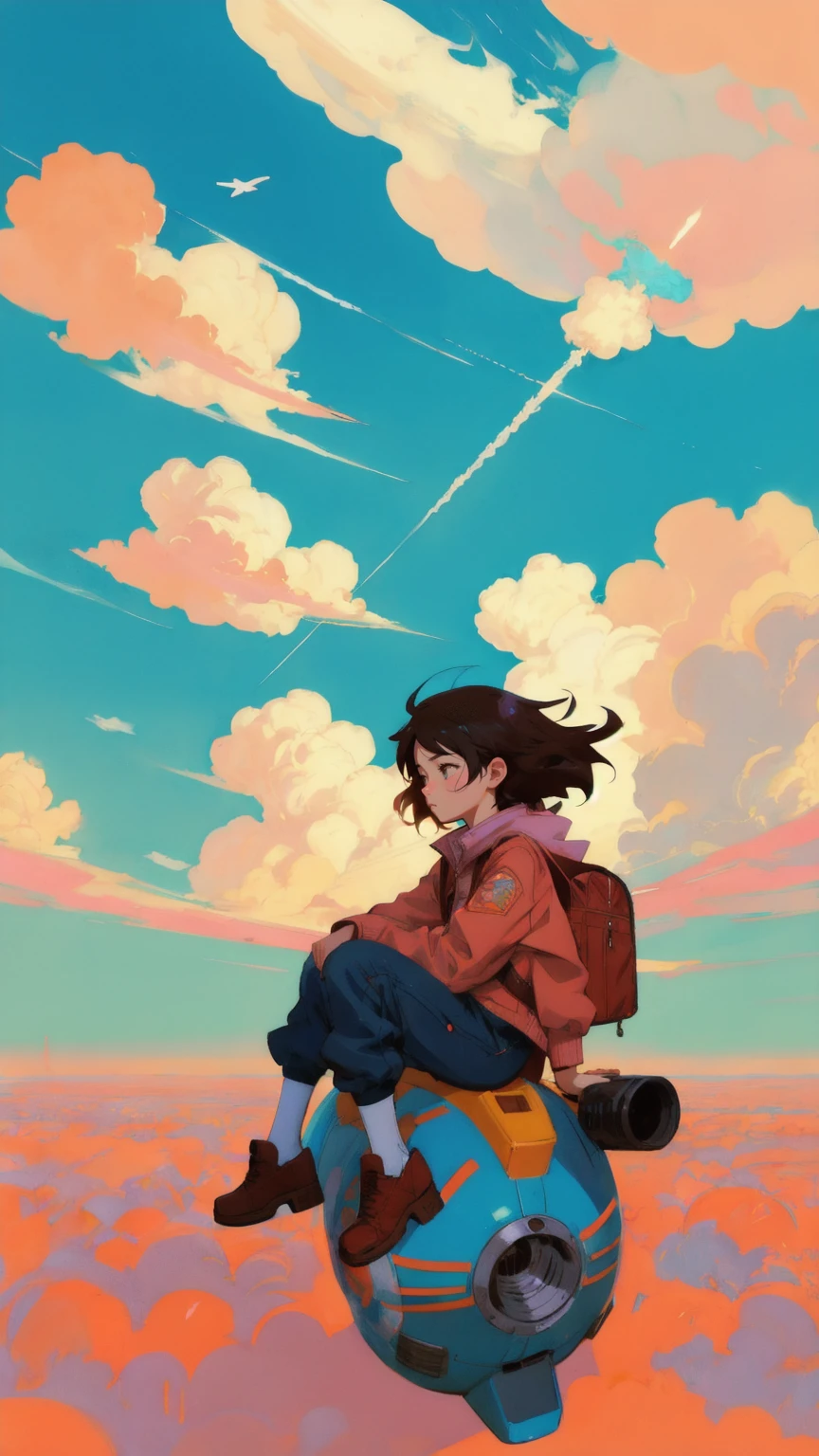 Cartoon of a cute, beautiful girl riding a plane in the sky, inspired by Rinaldo Cuneo, Josan Gonzalez, Posuka Demizu, Akira art style, and FLCL cover. The background must be brown, maintaining the epic full-color illustration style, inspired by Otomo Katsuhiro, JC Leyendecker, and Sachin Teng, with an Akira-style illustration approach