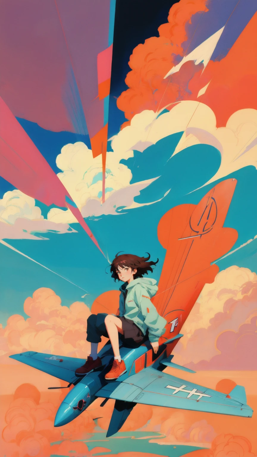 Cartoon of a cute, beautiful girl riding a plane in the sky, inspired by Rinaldo Cuneo, Josan Gonzalez, Posuka Demizu, Akira art style, and FLCL cover. The background must be brown, maintaining the epic full-color illustration style, inspired by Otomo Katsuhiro, JC Leyendecker, and Sachin Teng, with an Akira-style illustration approach
