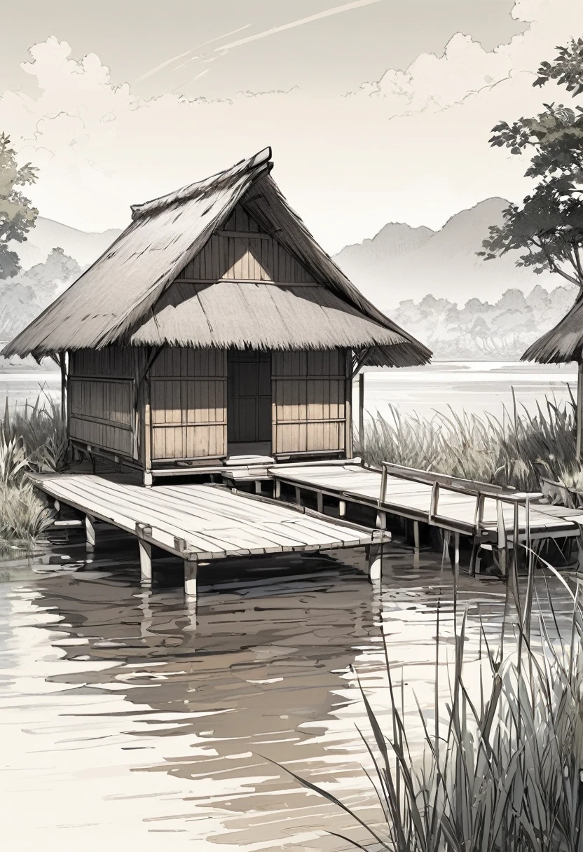 Black and white line drawing of a rustic wooden hut situated on stilts over a body of water. The hut features a thatched roof with visible straw details and wooden planks making up the walls. A small dock extends from the front of the hut into the water, with a few steps leading up to the entrance. The scene includes some tall grass in the foreground and a few clouds in the sky, adding to the tranquil, natural setting. The overall style is simple and sketch-like, with clean lines and minimal shading.