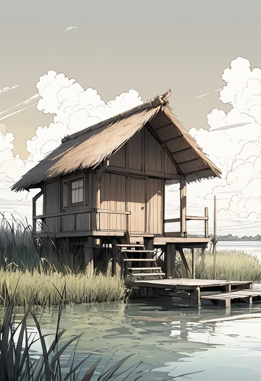 Black and white line drawing of a rustic wooden hut situated on stilts over a body of water. The hut features a thatched roof with visible straw details and wooden planks making up the walls. A small dock extends from the front of the hut into the water, with a few steps leading up to the entrance. The scene includes some tall grass in the foreground and a few clouds in the sky, adding to the tranquil, natural setting. The overall style is simple and sketch-like, with clean lines and minimal shading.