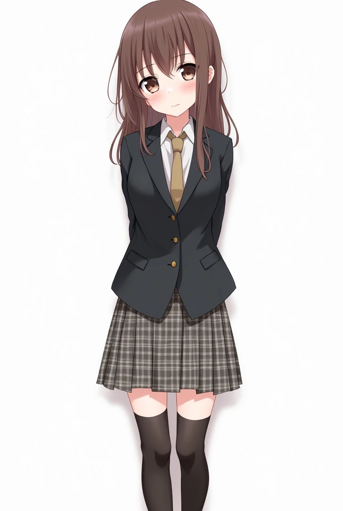 Top quality, masterpiece, High resolution, (Head to toe full body), Composition from slightly below the front, Symmetric, 1, Slim and beautiful, alone, (Small breasts), (No shoes),Unkempt brown hair, bangs, (black tights), (Black Pantyhose), Both arms are tied behind one's back, , blush, Shy big eyes, looking at the camera, Blazer Uniform, Checkered Pleated Skirt、Panties around the ankles、Black knee-high socks、Spread your legs、Exposing the breasts、exposing her chest、Panties around the ankles