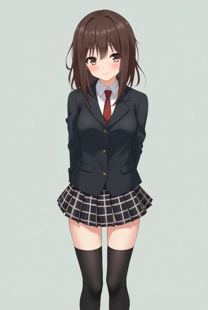 Top quality, masterpiece, High resolution, (Head to toe full body), Composition from slightly below the front, Symmetric, 1, Slim and beautiful, alone, (Small breasts), (No shoes),Unkempt brown hair, bangs, (black tights), (Black Pantyhose), Both arms are tied behind one's back, , blush, Shy big eyes, looking at the camera, Blazer Uniform, Checkered Pleated Skirt、Panties around the ankles、Black knee-high socks、Spread your legs、Exposing the breasts、exposing her chest、Panties around the ankles