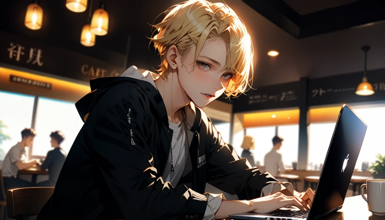 High resolution, masterpiece, Highest quality, from the front, , Anime Style, One person, Shortcuts, Blonde, Blurred background of man sitting in cafe and working on laptop, Ray Tracing