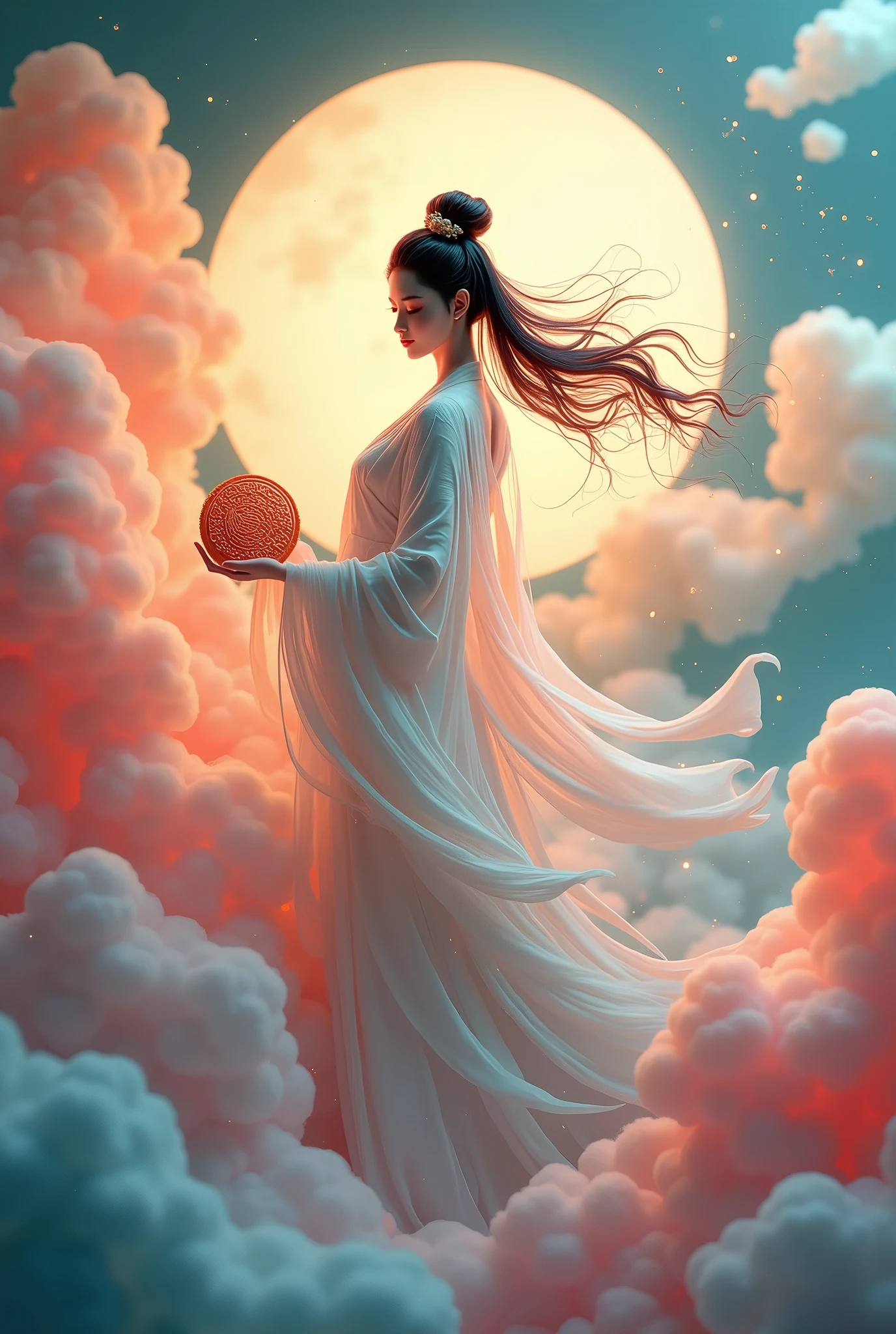 Chinese painting style，Chang'e fairy，Flying Moon，moon cake，Colorful clouds，3d