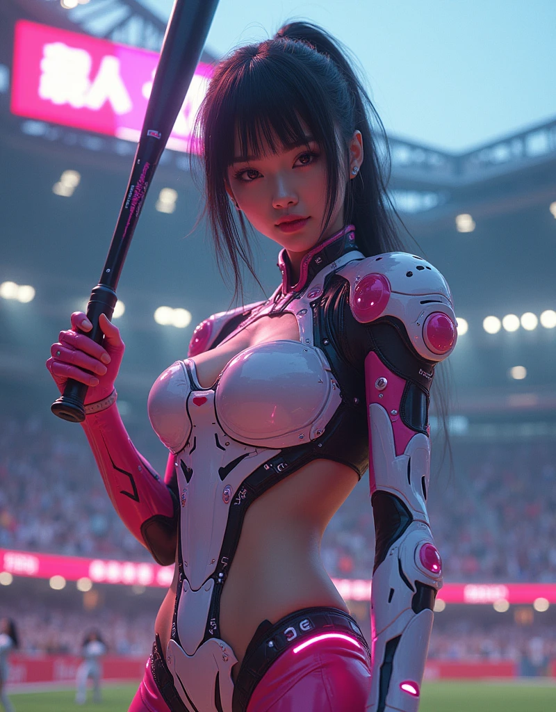 photo-realistic, ultra-realistic, very beautiful Japanese, famous Japanese idol, 20 years old, dramatic scene, masterpiece, beautiful eyes, cyber punk, (closeup to her beautiful face:1.3), (wearing cyber punk mecha-suits with neon marker:1.5), (she is playing extremely acrobatic baseball at large stadium:1.5), (fully equipped with futuristic baseball equipment:1.3), amazing view of a lot of spectators, acrobatic pose, dynamic angle, spectacular, Nimble movements, Sharp turns, (very large breasts),