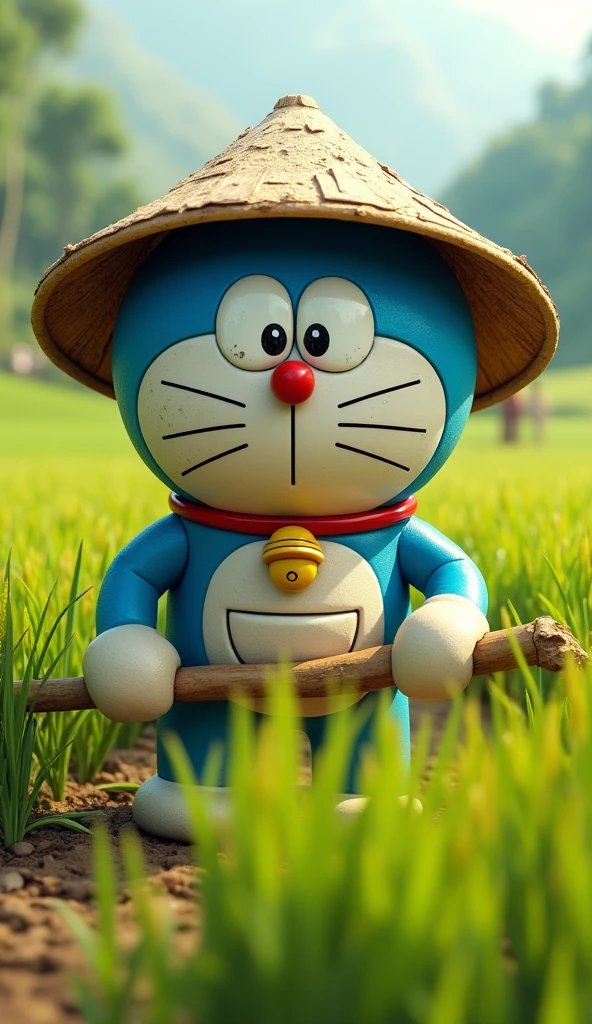 Doraemon works on a farm、Harvesting rice.,Doraemon had sweat running down his face., Tired of wearing a conical hat.
Sweat ran down his face and Doraemon became soaked..