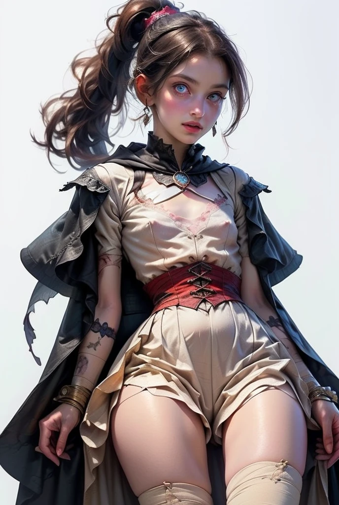 ((best quality)), ((masterpiece)), (detailed), perfect face (((masterpiece, of the highest quality, super detailed))), hand drawn style, hand painted style, watercolour, sketch, a knight, white background, plain background, Bloodborne inspired, tatty Bloodborne attire, occult aesthetic, occult, tatty red and white clothing detailed and intricate steampunk and detailed gothic lolita (with a hood), long coat, Complex laced boots, Fluttering lace flared long knee length dress with frilly petticoats, long dress, knee length dress, pleated petticoats, lolita dress, petticoats gothic lolita aesthetic, beautiful small breasts, (((flat chest:1.1))), (((( Highly detailed face))), small thin nose, Small thin lips mouth, (((Very sharp focused eyes))), Very large slit precision pale grey eyes that shine like jewels. (lowered gaze, looking slightly downwards), (resolved expression), (resolute expression), ((dark hair)), ((long ponytail, thick ponytail, heavy ponytail)), very long eyelashes, white background, Very dramatic and cinematic lighting, tatty damaged old red and white clothing, full body, whole body, body, ((NSFW))