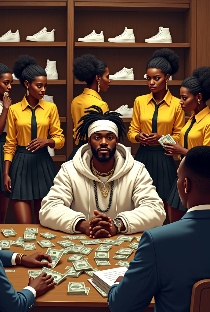 A fair-skin rich male afro beat artist, plaiteddressed hair, dressed in complete street hoodie, white bandana around his head, and a big white jacket, sitting at a table full of money in a big classic leather shoe shop, with four beautiful african girls behind him, each girl is dressed in yellow short sleeve shirt, black tie, white shoes and black pom pom short skirt, doing a different task; one girl is on head phone, another girl is presenting shoes to a male client, another girl is writing in a book, another girl is putting shoes on the shelf and a dark skinned male in suit is counting money from the same table and putting in a bag
