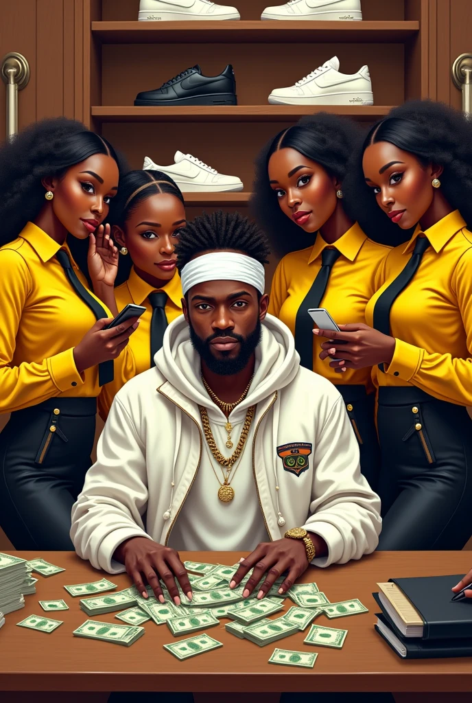 A fair-skin rich male afro beat artist, plaiteddressed hair, dressed in complete street hoodie, white bandana around his head, and a big white jacket, sitting at a table full of money in a big classic leather shoe shop, with four beautiful african girls behind him, each girl is dressed in yellow short sleeve shirt, black tie, white shoes and black pom pom short skirt, doing a different task; one girl is on head phone, another girl is presenting shoes to a male client, another girl is writing in a book, another girl is putting shoes on the shelf and a dark skinned male in suit is counting money from the same table and putting in a bag
