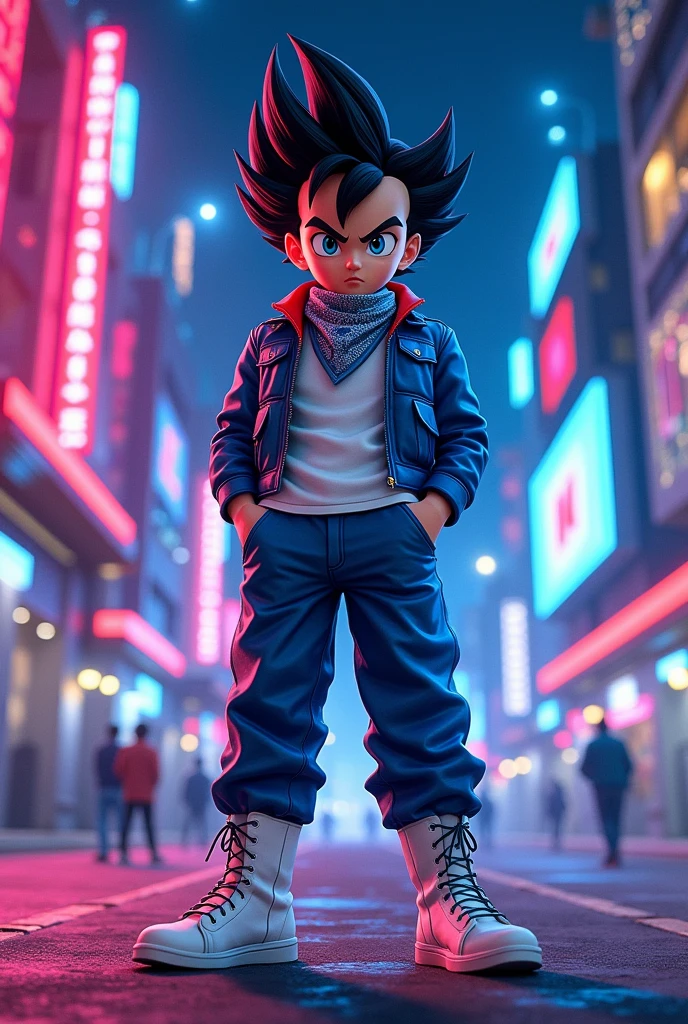 portrait, neon, 1 boy, shonen style, spiky black hair , blue and white clothing, leather jacket, jeans, boots, bandana, cool, blue eyes, full body, color --name Vegeta--night background city with futuristic buildings and holograms